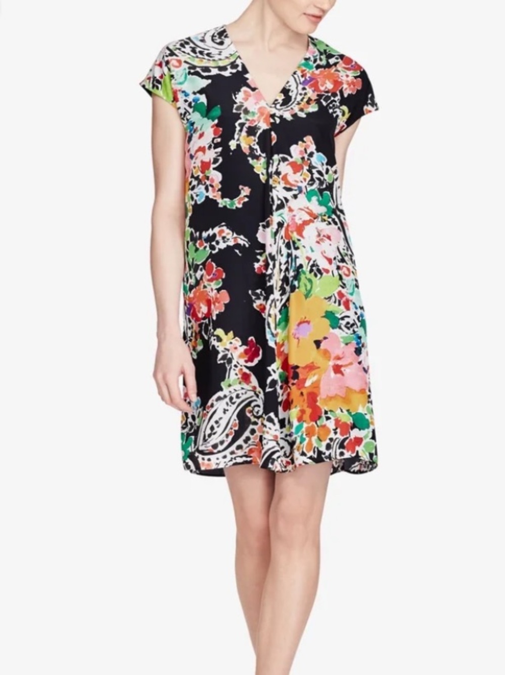 RALPH LAUREN Black Pleated Floral V Neck Above The Knee Dress 10